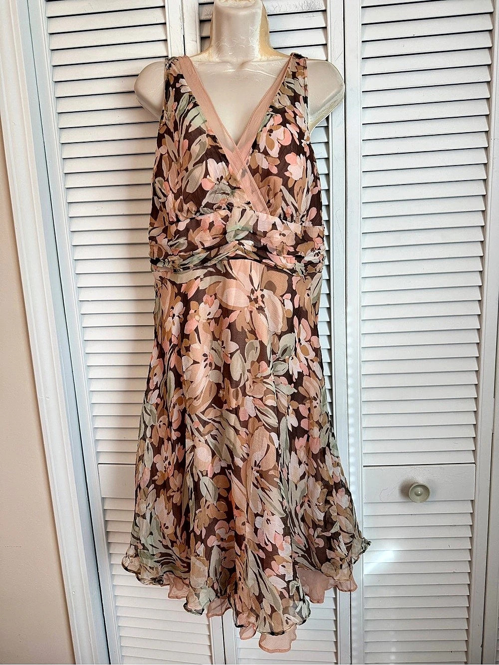 Y2K Dressbarn Silk Babydoll Dress Size 10 Romantic Chiffon Floral Pastel Brown